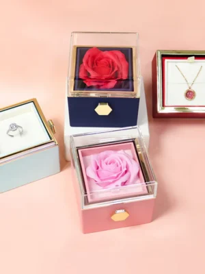 Caja de Joyería Giratoria con Flor Preservada - Regalo Romántico Ideal